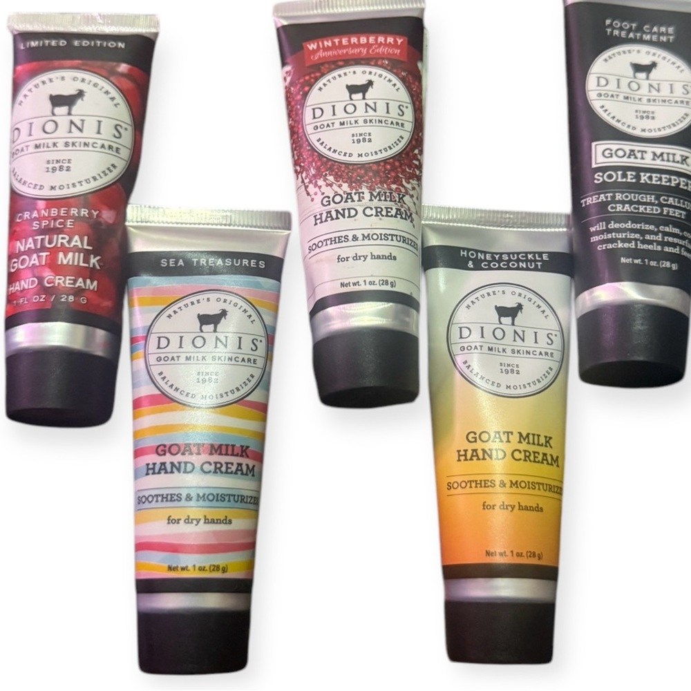 Bundle of 5 DIONIS Goat Milk Hand Cream (4) & Foot Cream (1), NEW/SEALED